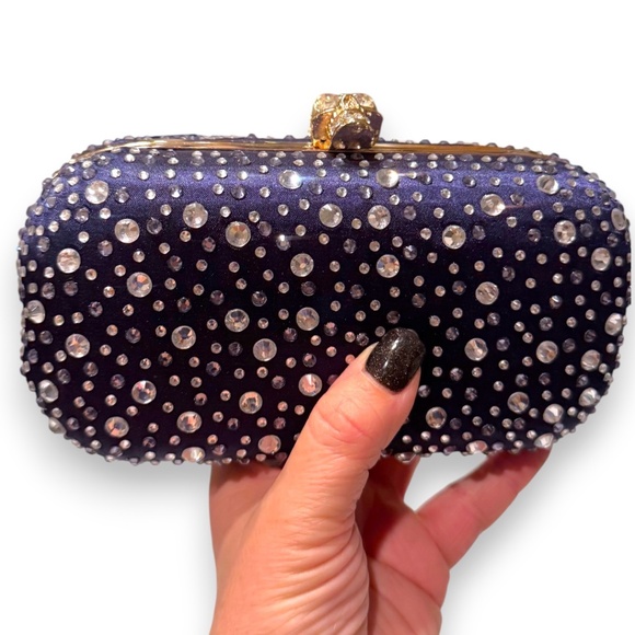 Handbag Republic Navy Crystal Skull Clutch – Rhinestone Studded Evening Bag - Picture 6 of 8